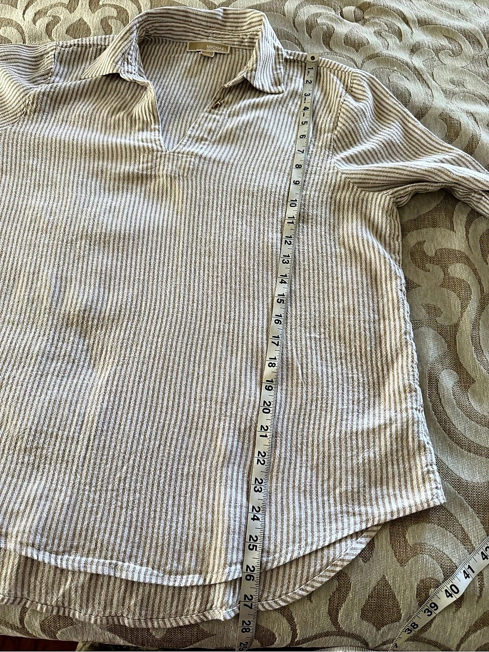 MICHAEL Michael Kors Linen Blend Striped Tunic Top Tan Cream L - Picture 10 of 11